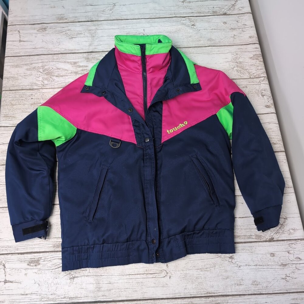 Vintage Touch9 Blue Pink Green Color Block Bomber Style Ski Jacket Size 32